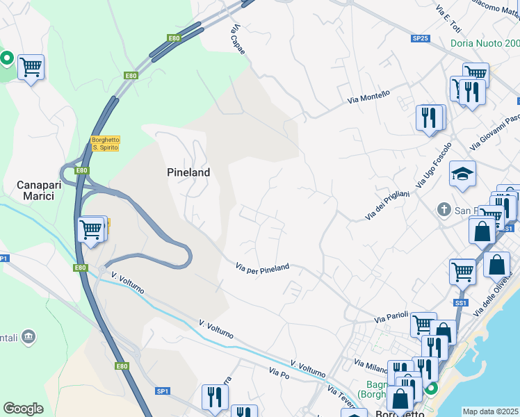 map of restaurants, bars, coffee shops, grocery stores, and more near 28 Via Cianastri in Borghetto Santo Spirito
