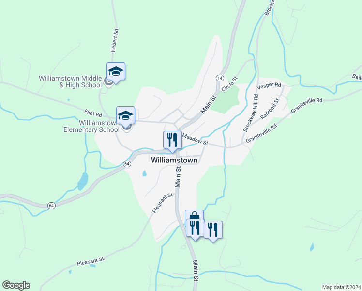 map of restaurants, bars, coffee shops, grocery stores, and more near 2333 Vermont 14 in Williamstown