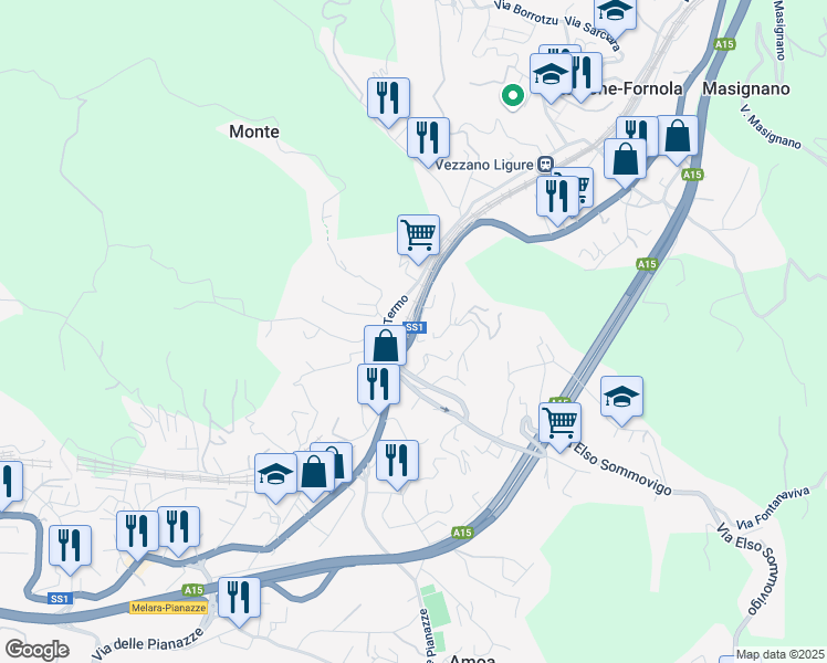 map of restaurants, bars, coffee shops, grocery stores, and more near 115 Via Sarzana in Stazione-fornola