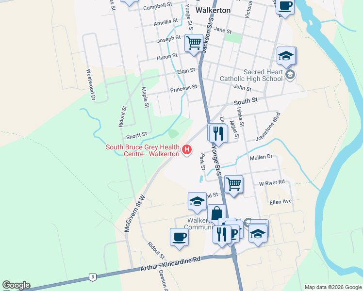 map of restaurants, bars, coffee shops, grocery stores, and more near 22 McGivern Street West in Walkerton