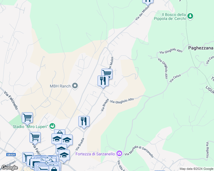 map of restaurants, bars, coffee shops, grocery stores, and more near 327 Via dei Molini in Sarzana