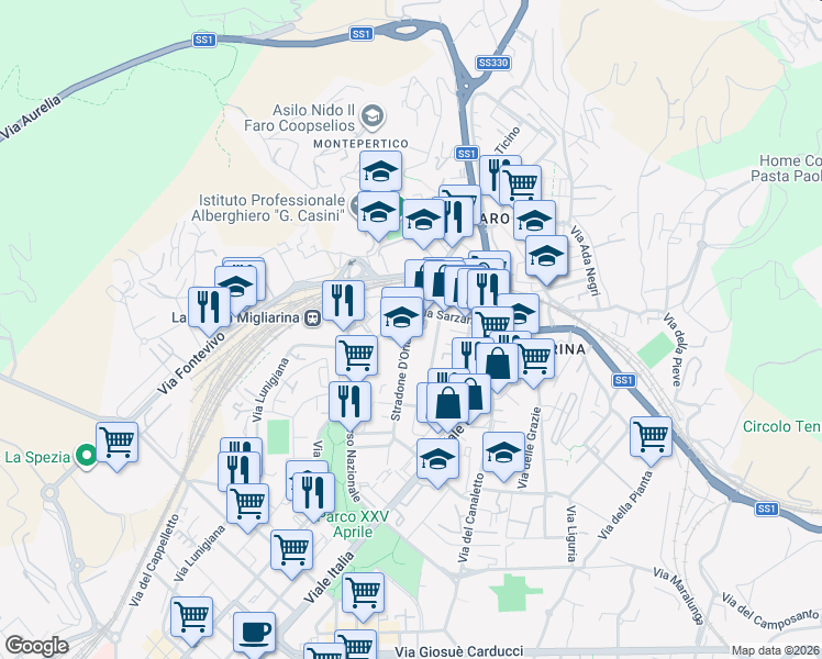 map of restaurants, bars, coffee shops, grocery stores, and more near 718 Via Lunigiana in La Spezia
