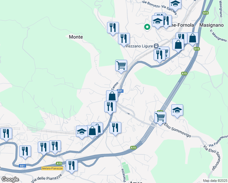 map of restaurants, bars, coffee shops, grocery stores, and more near 115 Via Sarzana in Stazione-fornola