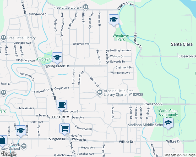 map of restaurants, bars, coffee shops, grocery stores, and more near 4075 Kildare Street in Eugene