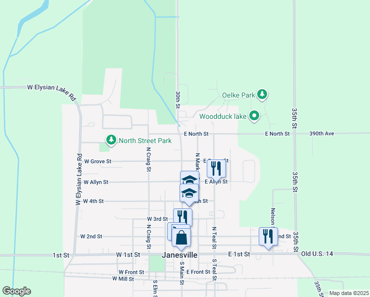map of restaurants, bars, coffee shops, grocery stores, and more near 707 North Main Street in Janesville
