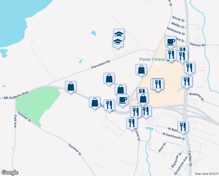 map of restaurants, bars, coffee shops, grocery stores, and more near 105 Mount Auburn Avenue in Auburn