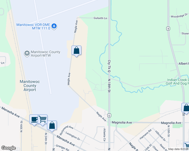 map of restaurants, bars, coffee shops, grocery stores, and more near 1950 Ravenswood Lane in Manitowoc
