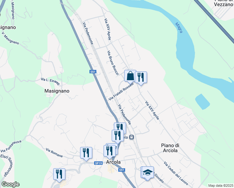 map of restaurants, bars, coffee shops, grocery stores, and more near Via Pedemonte in Arcola