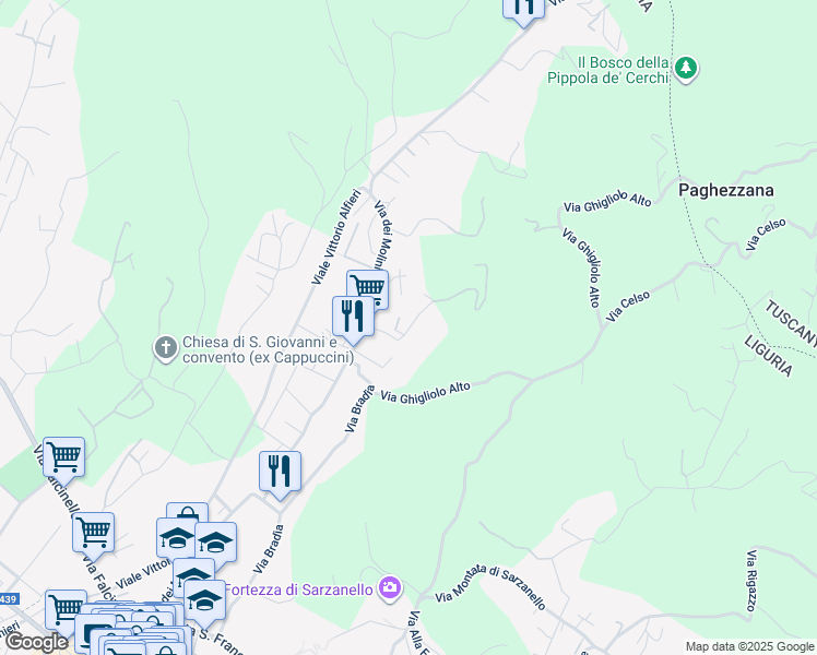 map of restaurants, bars, coffee shops, grocery stores, and more near 136 Via dei Molini in Sarzana