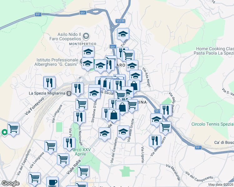 map of restaurants, bars, coffee shops, grocery stores, and more near 96 Via Sarzana in La Spezia