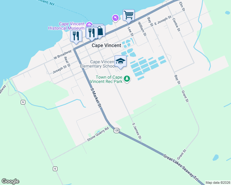 map of restaurants, bars, coffee shops, grocery stores, and more near 617 South James Street in Cape Vincent