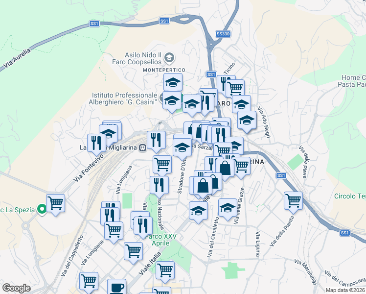 map of restaurants, bars, coffee shops, grocery stores, and more near 718 Via Lunigiana in La Spezia