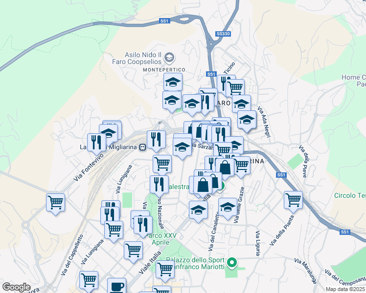 map of restaurants, bars, coffee shops, grocery stores, and more near 718 Via Lunigiana in La Spezia