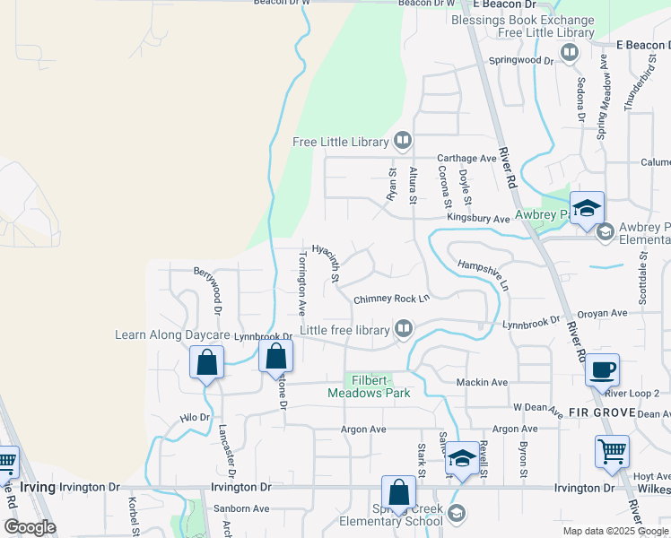 map of restaurants, bars, coffee shops, grocery stores, and more near 4148 Field Stone Court in Eugene