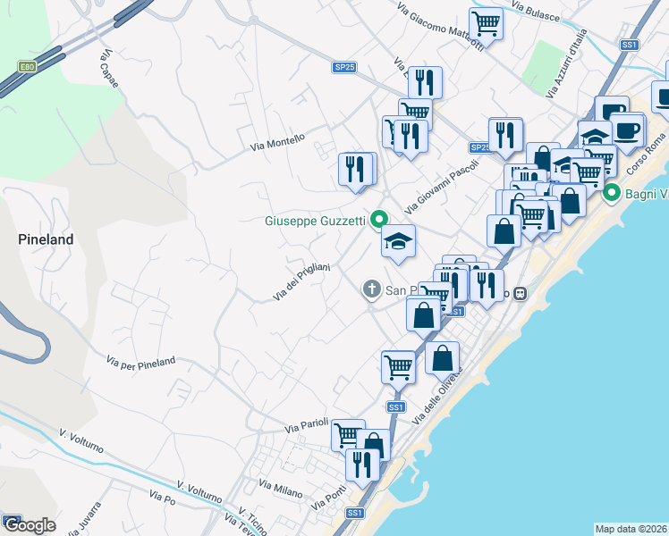 map of restaurants, bars, coffee shops, grocery stores, and more near 4 Via Mantova in Loano