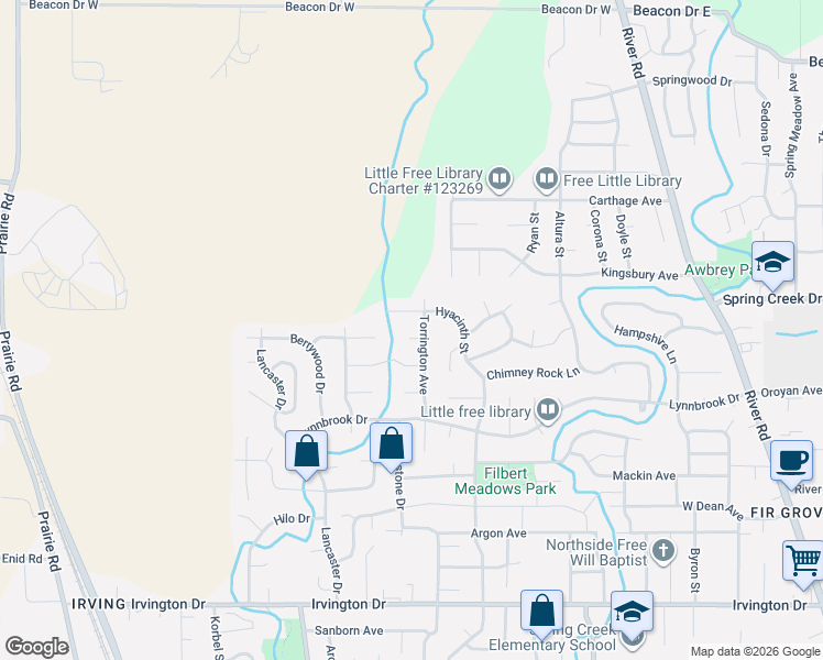 map of restaurants, bars, coffee shops, grocery stores, and more near 4278 Torrington Avenue in Eugene