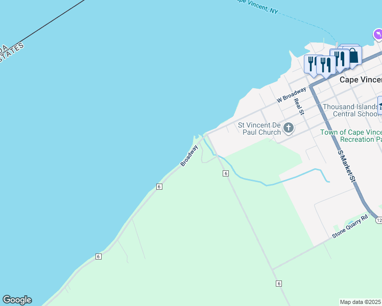 map of restaurants, bars, coffee shops, grocery stores, and more near West Broadway in Cape Vincent