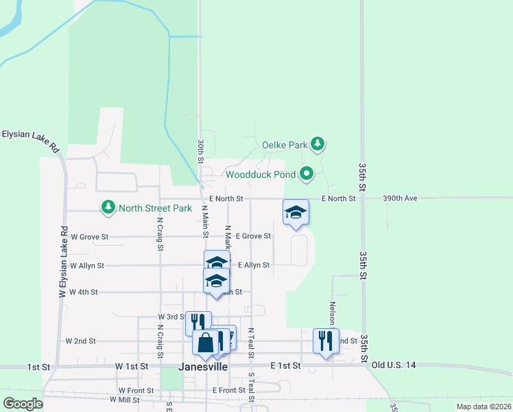 map of restaurants, bars, coffee shops, grocery stores, and more near 204 East North Street in Janesville