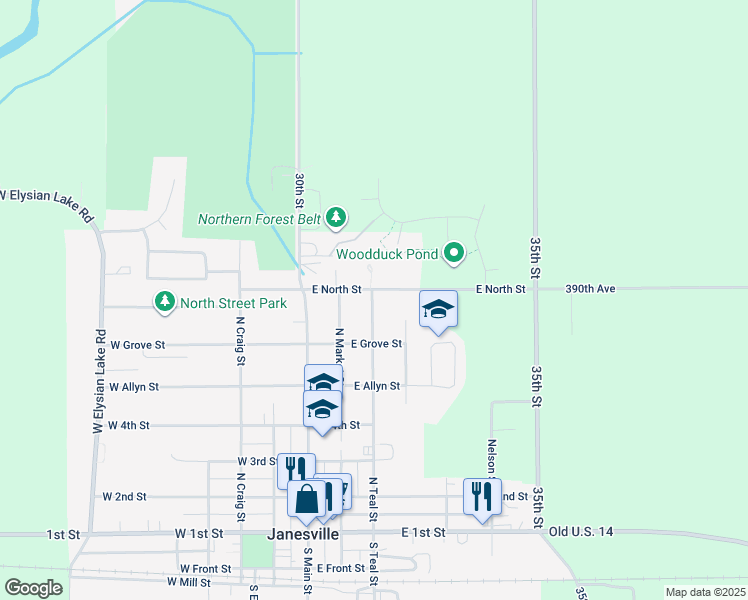 map of restaurants, bars, coffee shops, grocery stores, and more near 204 East North Street in Janesville
