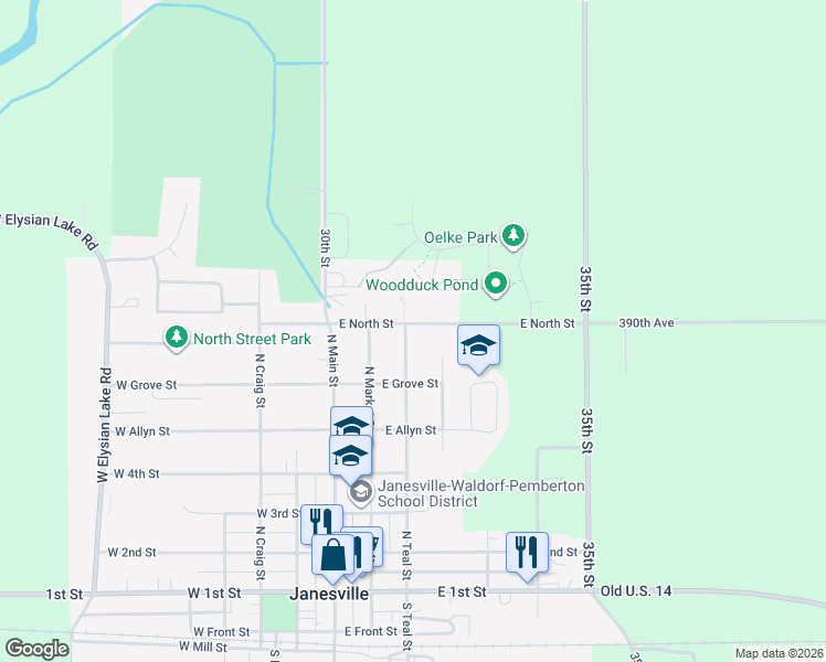 map of restaurants, bars, coffee shops, grocery stores, and more near 204 East North Street in Janesville