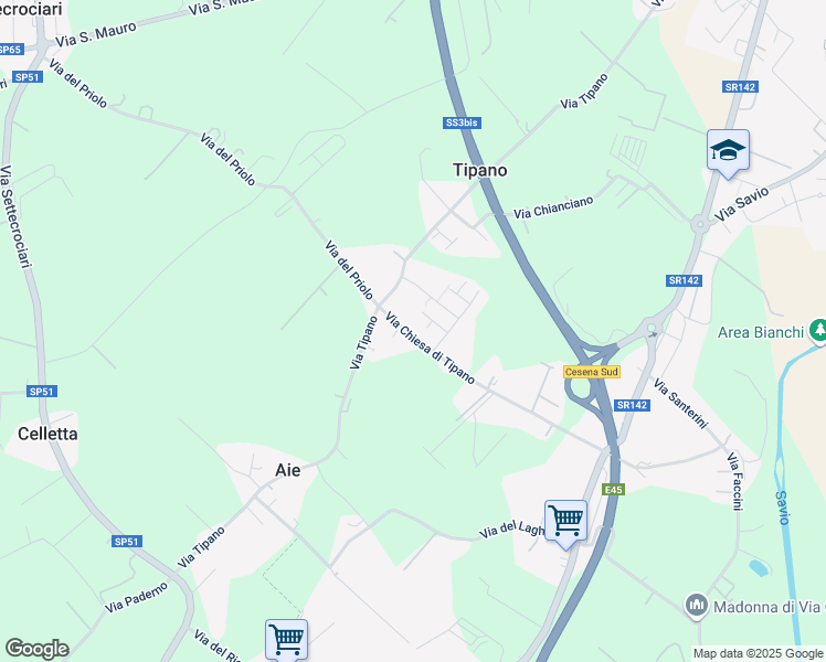 map of restaurants, bars, coffee shops, grocery stores, and more near 87 Via Chiesa di Tipano in Cesena