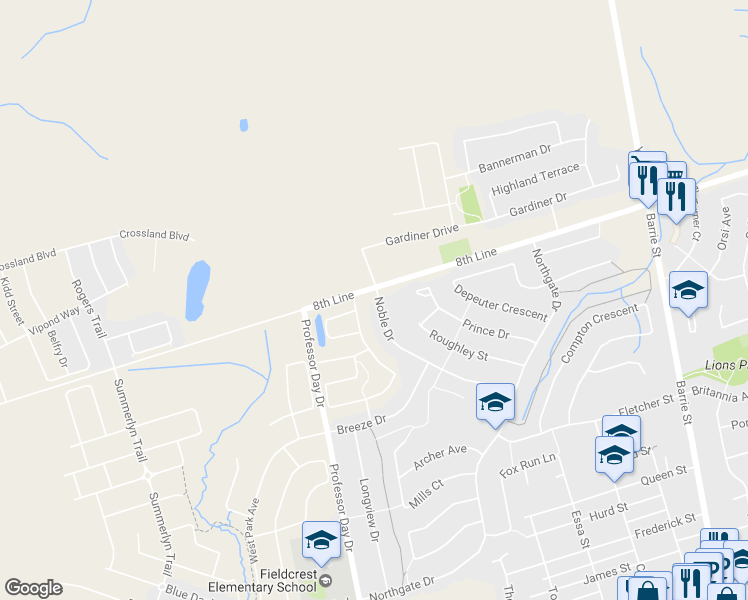 map of restaurants, bars, coffee shops, grocery stores, and more near 111 Noble Drive in Bradford West Gwillimbury