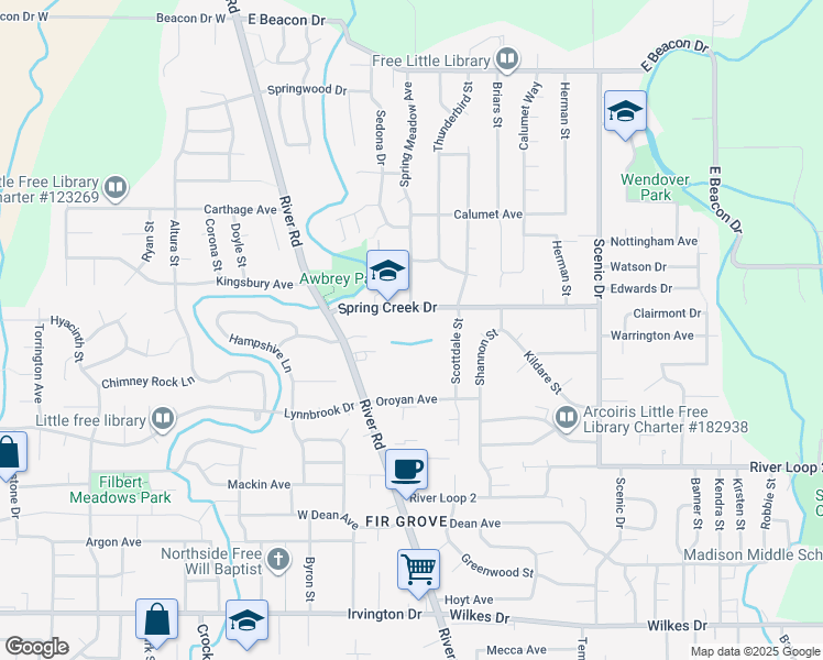 map of restaurants, bars, coffee shops, grocery stores, and more near 158 Spring Creek Drive in Eugene