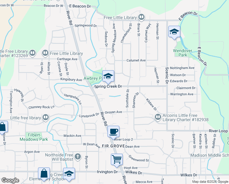 map of restaurants, bars, coffee shops, grocery stores, and more near 158 Spring Creek Drive in Eugene
