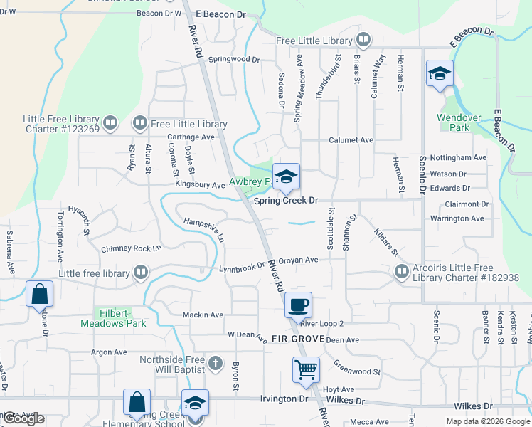 map of restaurants, bars, coffee shops, grocery stores, and more near 68 Spring Creek Drive in Eugene