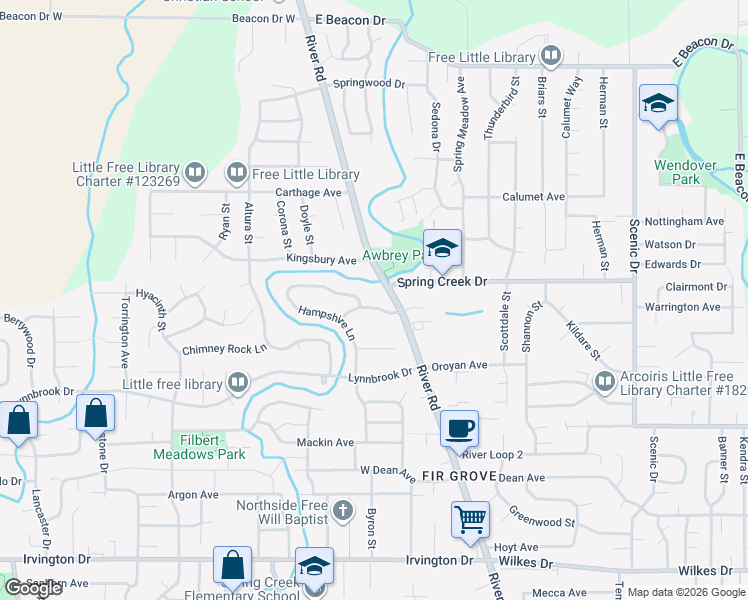 map of restaurants, bars, coffee shops, grocery stores, and more near 4285 River Road in Eugene