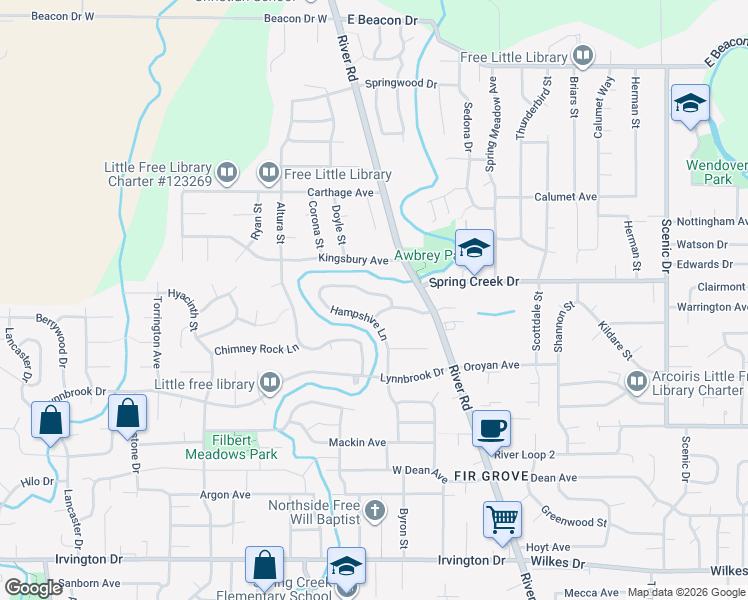 map of restaurants, bars, coffee shops, grocery stores, and more near 4178 Hampshire Lane in Eugene