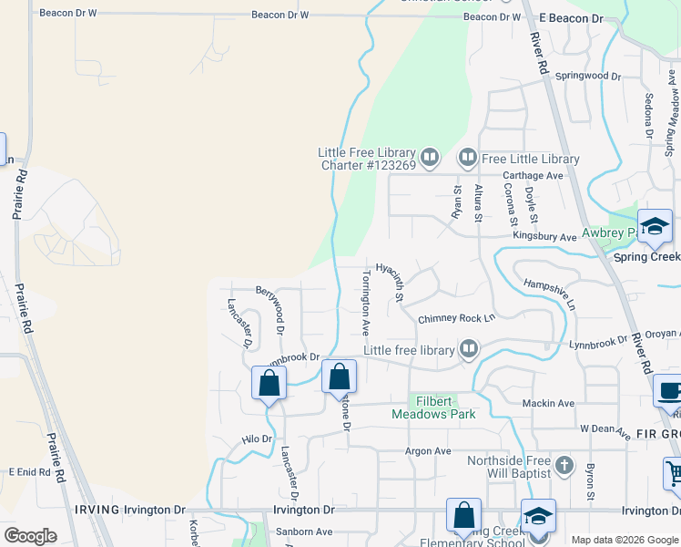 map of restaurants, bars, coffee shops, grocery stores, and more near 4269 Hyacinth Street in Eugene