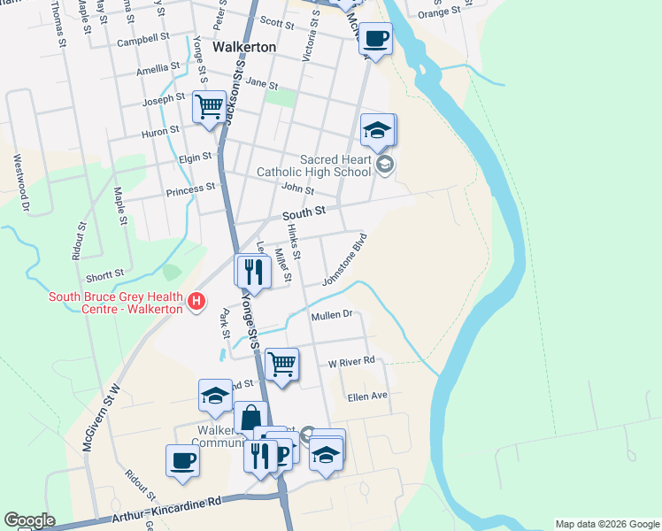 map of restaurants, bars, coffee shops, grocery stores, and more near 3 Elizabeth Street in Walkerton