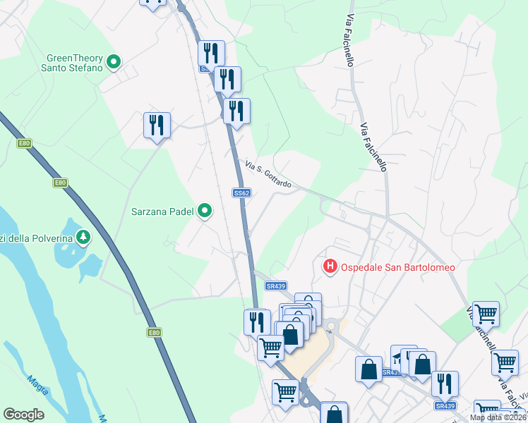 map of restaurants, bars, coffee shops, grocery stores, and more near 8 Via Cisa Traversa III in Sarzana