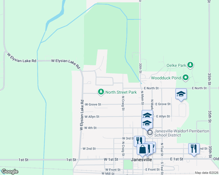 map of restaurants, bars, coffee shops, grocery stores, and more near 107 Meadow Lane in Janesville
