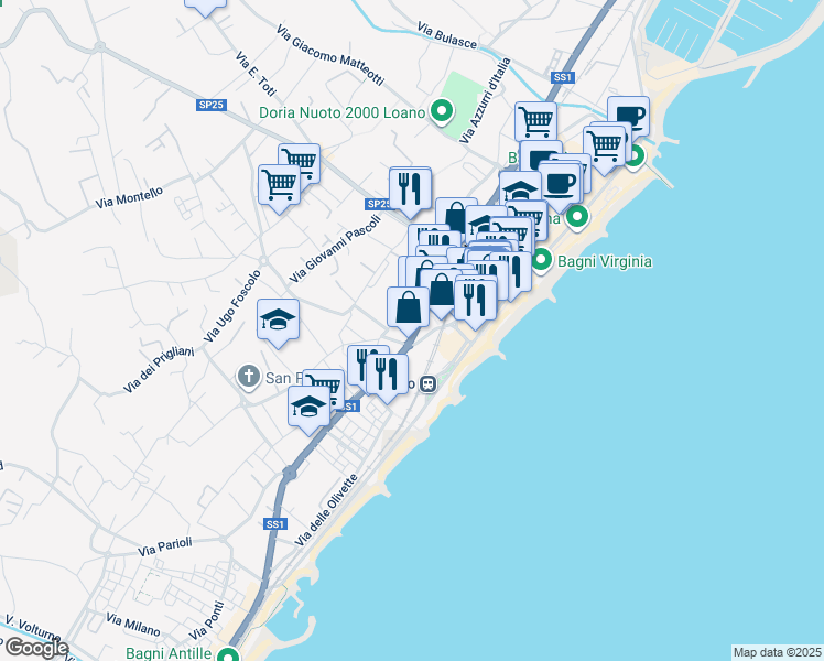 map of restaurants, bars, coffee shops, grocery stores, and more near 197 Via Aurelia in Loano