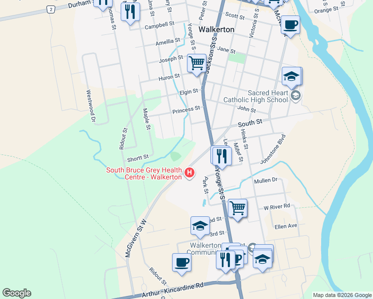 map of restaurants, bars, coffee shops, grocery stores, and more near 5 Centennial Drive in Walkerton