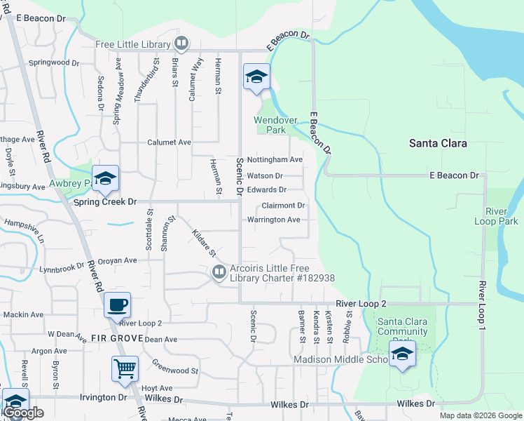 map of restaurants, bars, coffee shops, grocery stores, and more near 560 Clairmont Drive in Eugene