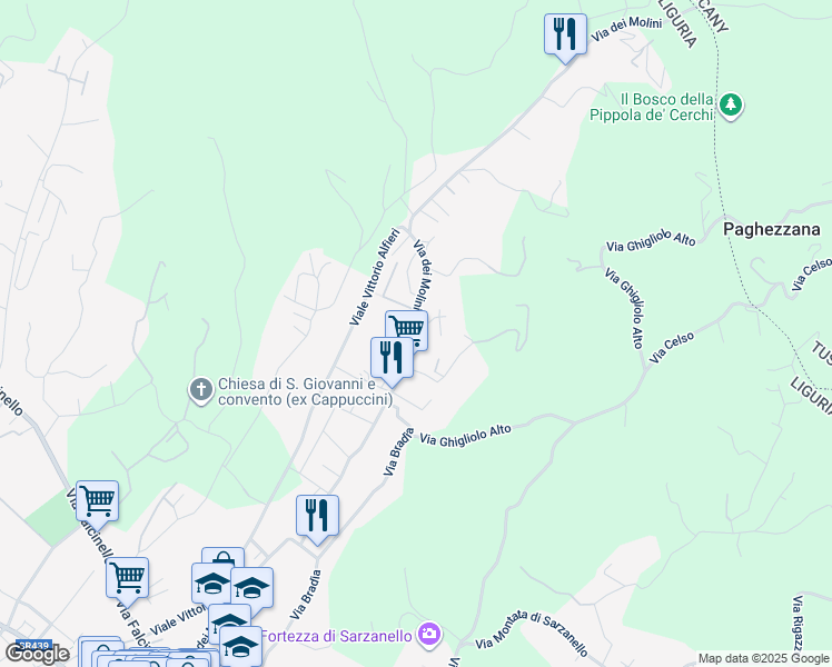 map of restaurants, bars, coffee shops, grocery stores, and more near 146 Via dei Molini in Sarzana