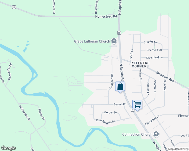 map of restaurants, bars, coffee shops, grocery stores, and more near Elmer Lane in Manitowoc