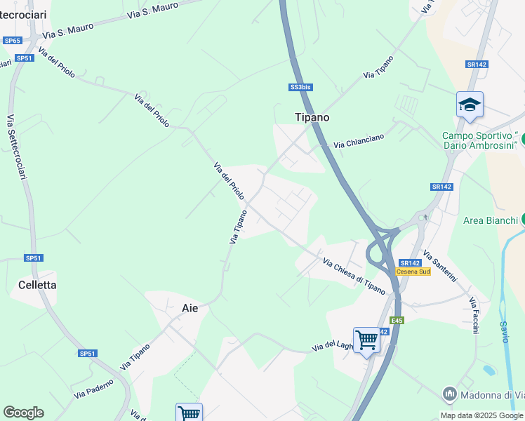 map of restaurants, bars, coffee shops, grocery stores, and more near 87 Via Chiesa di Tipano in Cesena