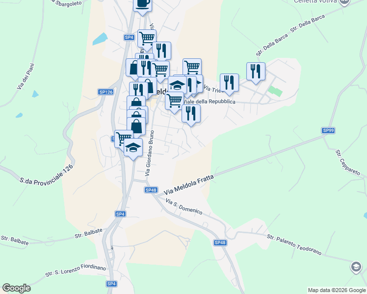 map of restaurants, bars, coffee shops, grocery stores, and more near 33 Via Paolo Mastri in Meldola