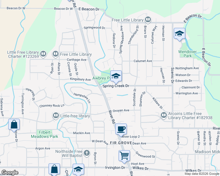 map of restaurants, bars, coffee shops, grocery stores, and more near 68 Spring Creek Drive in Eugene