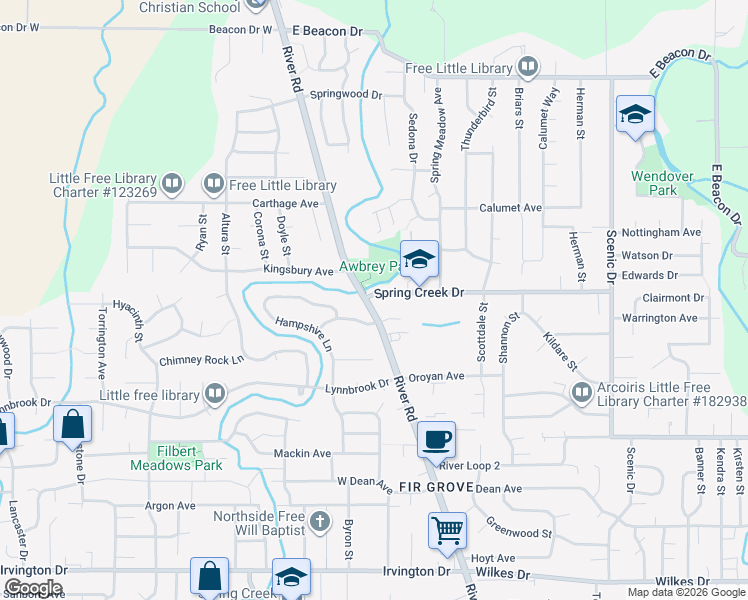 map of restaurants, bars, coffee shops, grocery stores, and more near 4285 River Road in Eugene