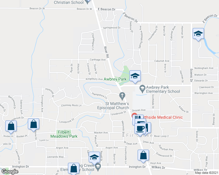 map of restaurants, bars, coffee shops, grocery stores, and more near 4178 Hampshire Lane in Eugene
