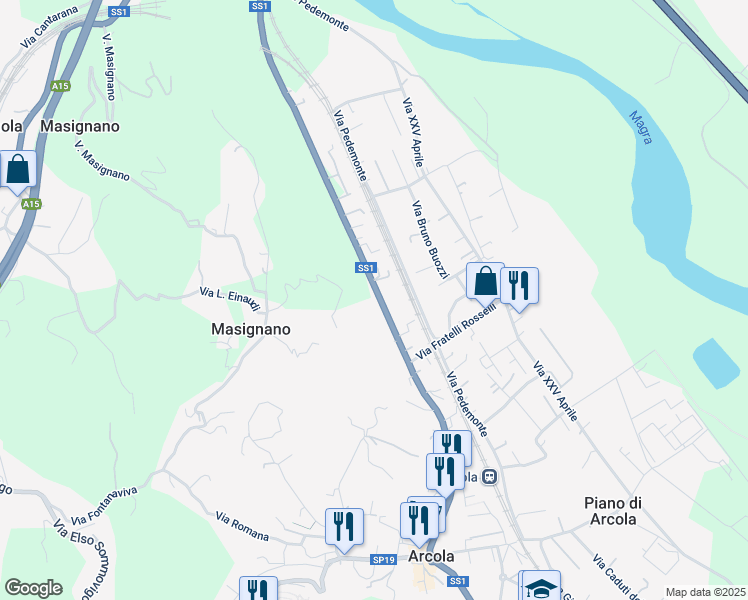map of restaurants, bars, coffee shops, grocery stores, and more near 336 Strada Statale 1 in Arcola