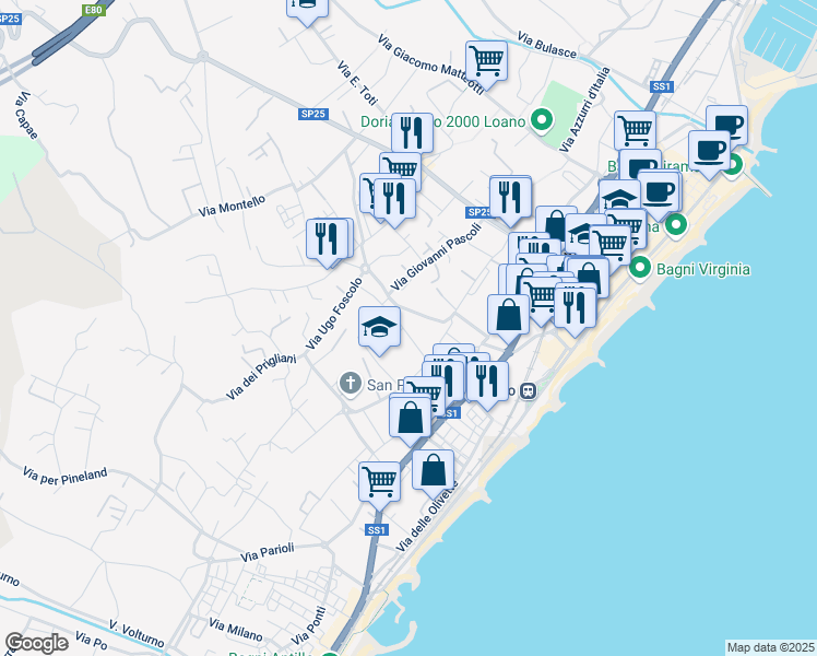map of restaurants, bars, coffee shops, grocery stores, and more near 10 Via Giovanni Boccaccio in Loano