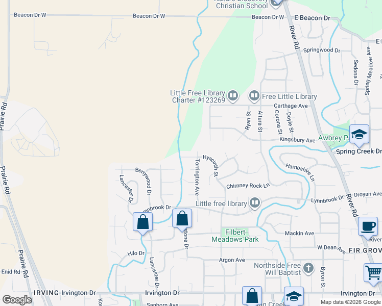 map of restaurants, bars, coffee shops, grocery stores, and more near 4269 Hyacinth Street in Eugene