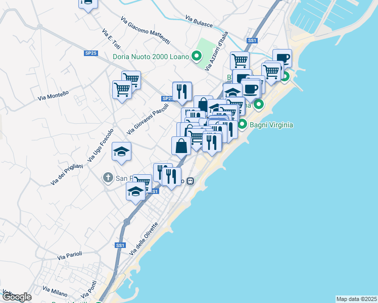 map of restaurants, bars, coffee shops, grocery stores, and more near 197 Via Aurelia in Loano