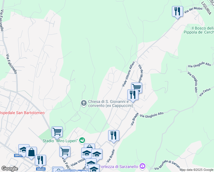 map of restaurants, bars, coffee shops, grocery stores, and more near 19 Via Monticello in Sarzana